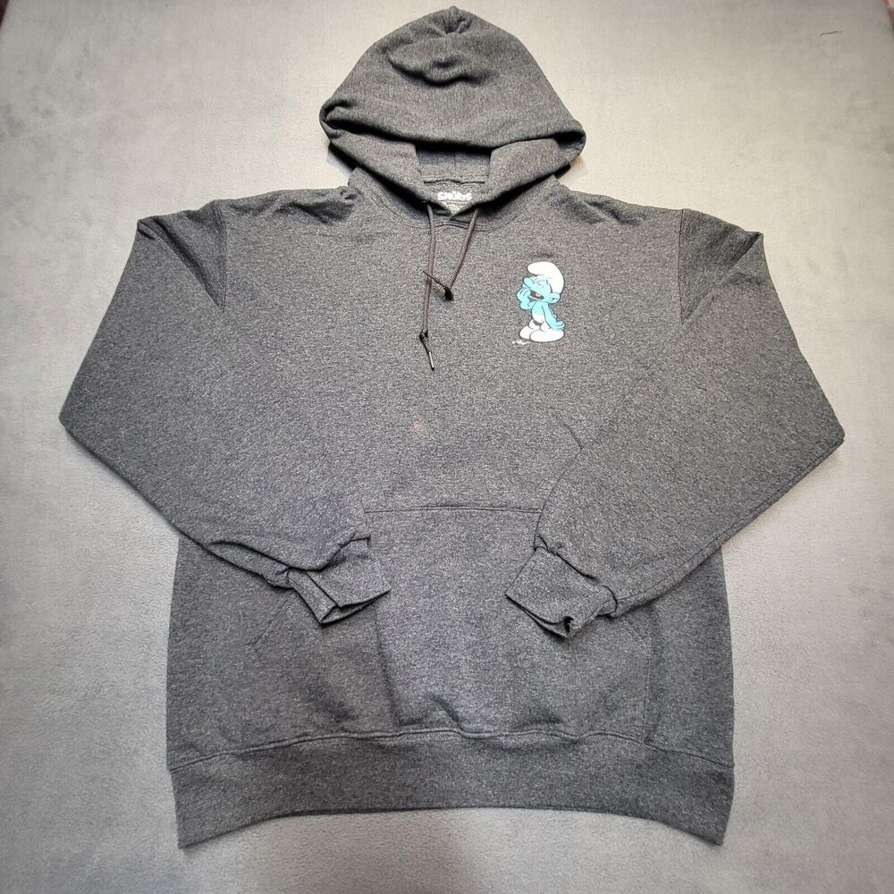 Lazy Smurf Hoodie Mens M Gray Pullover Sweatshirt Long Sleeve Graphic‎